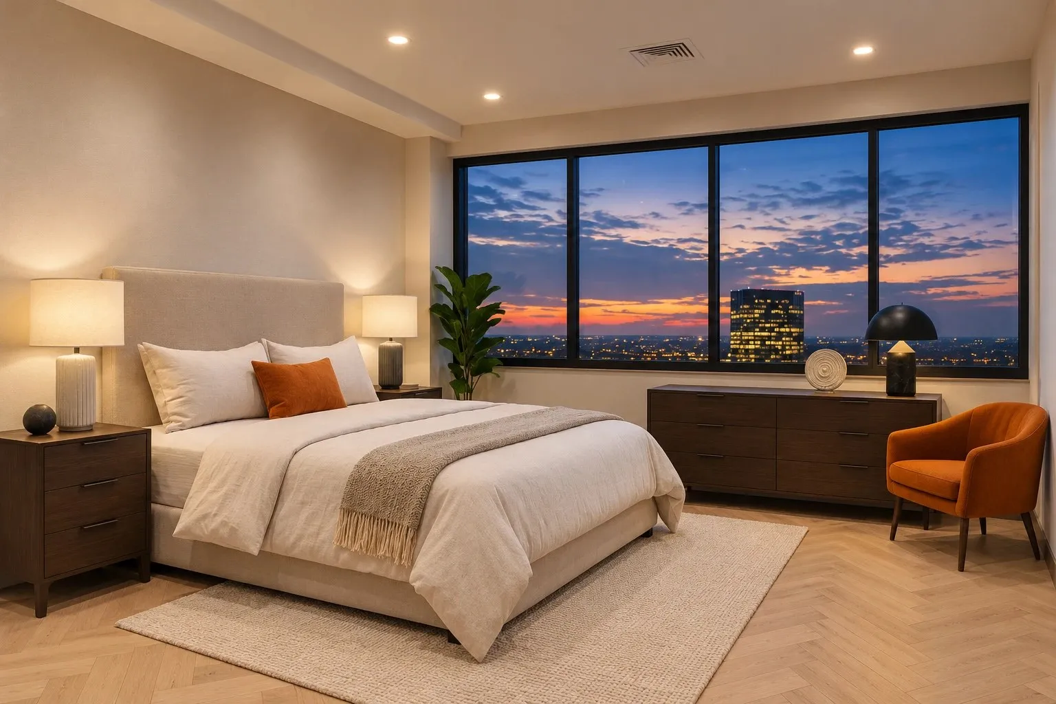 Rendering of a bedroom with a wall of windows at dusk