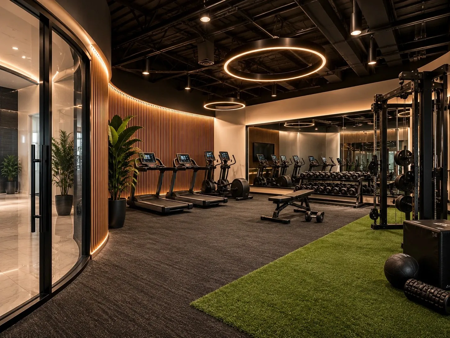 Rendering of the fitness center: treadmills and ellipticals, a dumbbell rack, a cable rack and a turf training lane