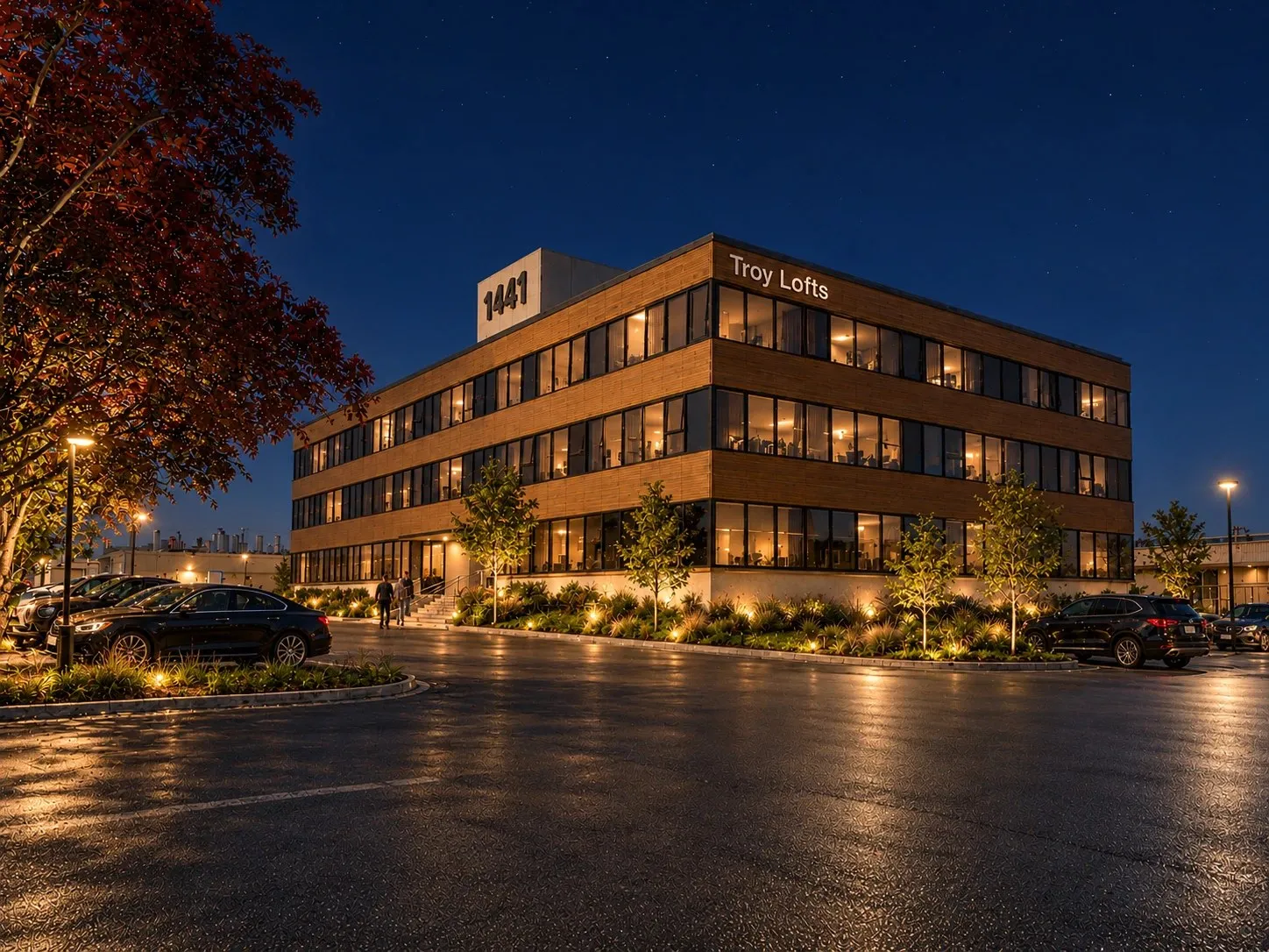 Rendering of Troy Lofts at night, windows lit and landscaping glowing
