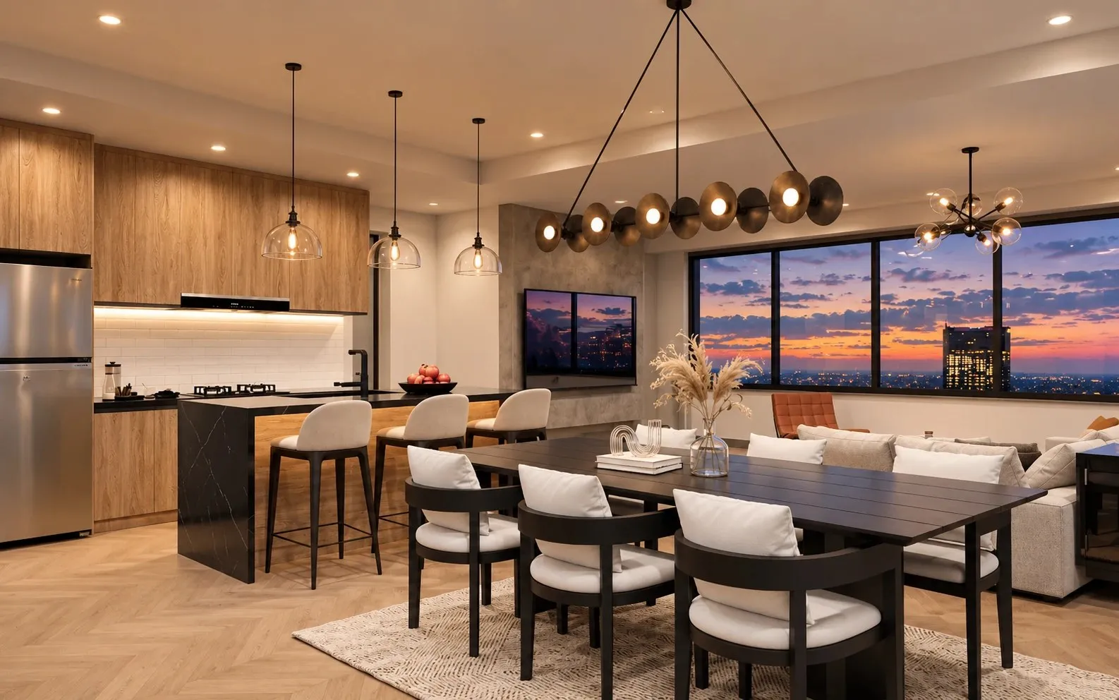 Rendering of a kitchen with a waterfall island, stainless appliances and a dining table