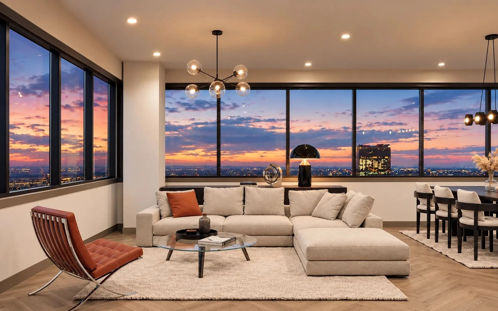 Rendering of a loft living room with a sectional sofa and a wall of windows