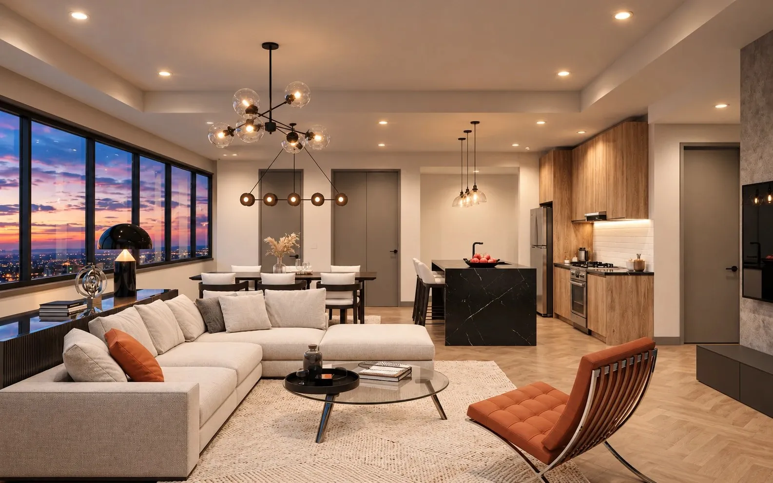 Rendering of an open-plan living room, dining area and kitchen