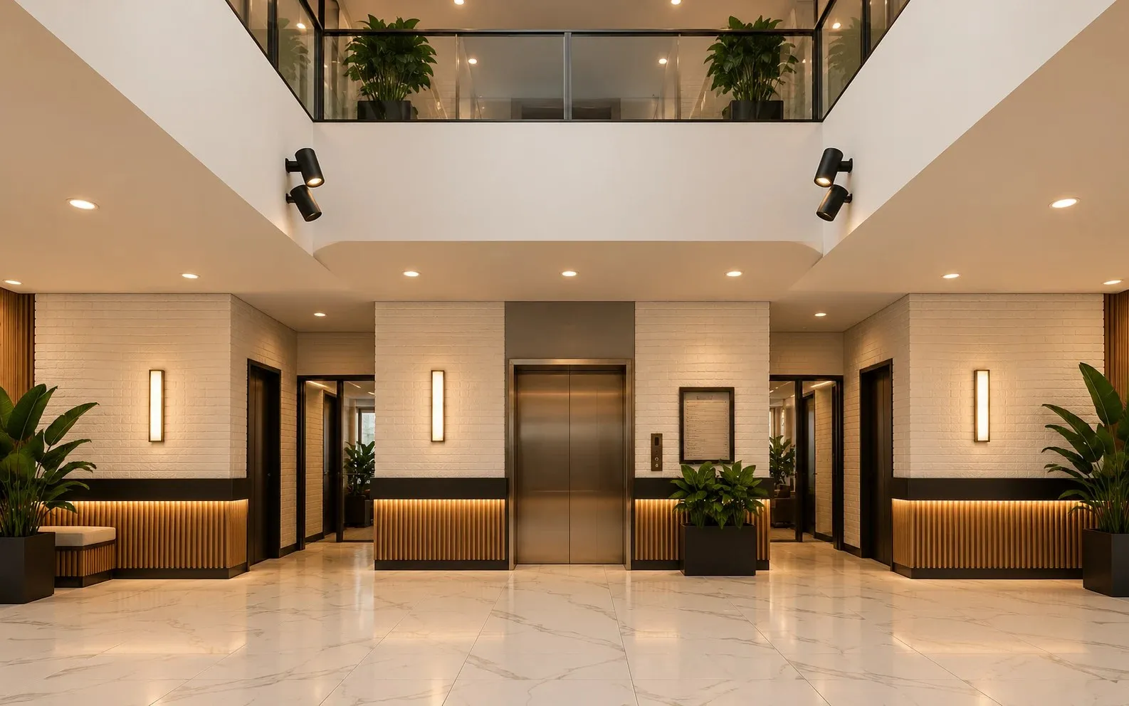 Rendering of the elevator lobby beneath an open two-story atrium
