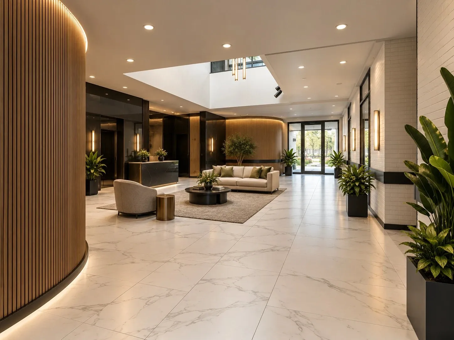 Rendering of the lobby: marble floors, a lounge seating area, a curved wood-slat wall and the front entrance