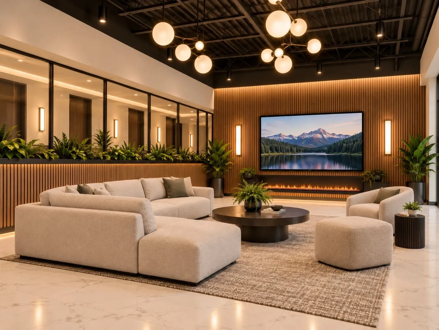 Rendering of the resident lounge: a sectional sofa around a linear fireplace and large screen, with a wood-slat wall and globe pendants