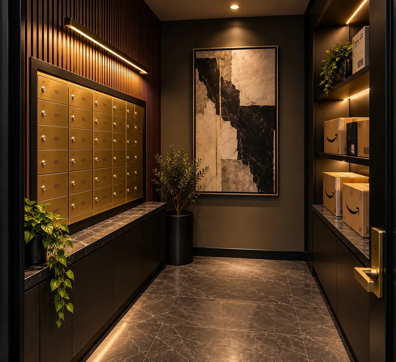 Rendering of the mail room: a wall of brass mailboxes facing lit package shelving
