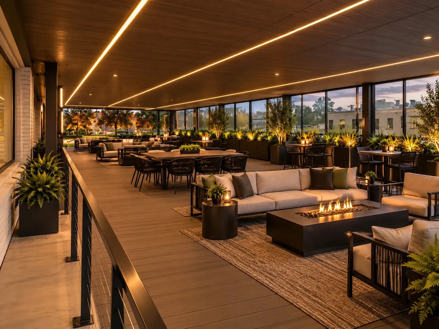 Rendering of the covered outdoor lounge: sofas around a fire table, dining tables and planters at dusk