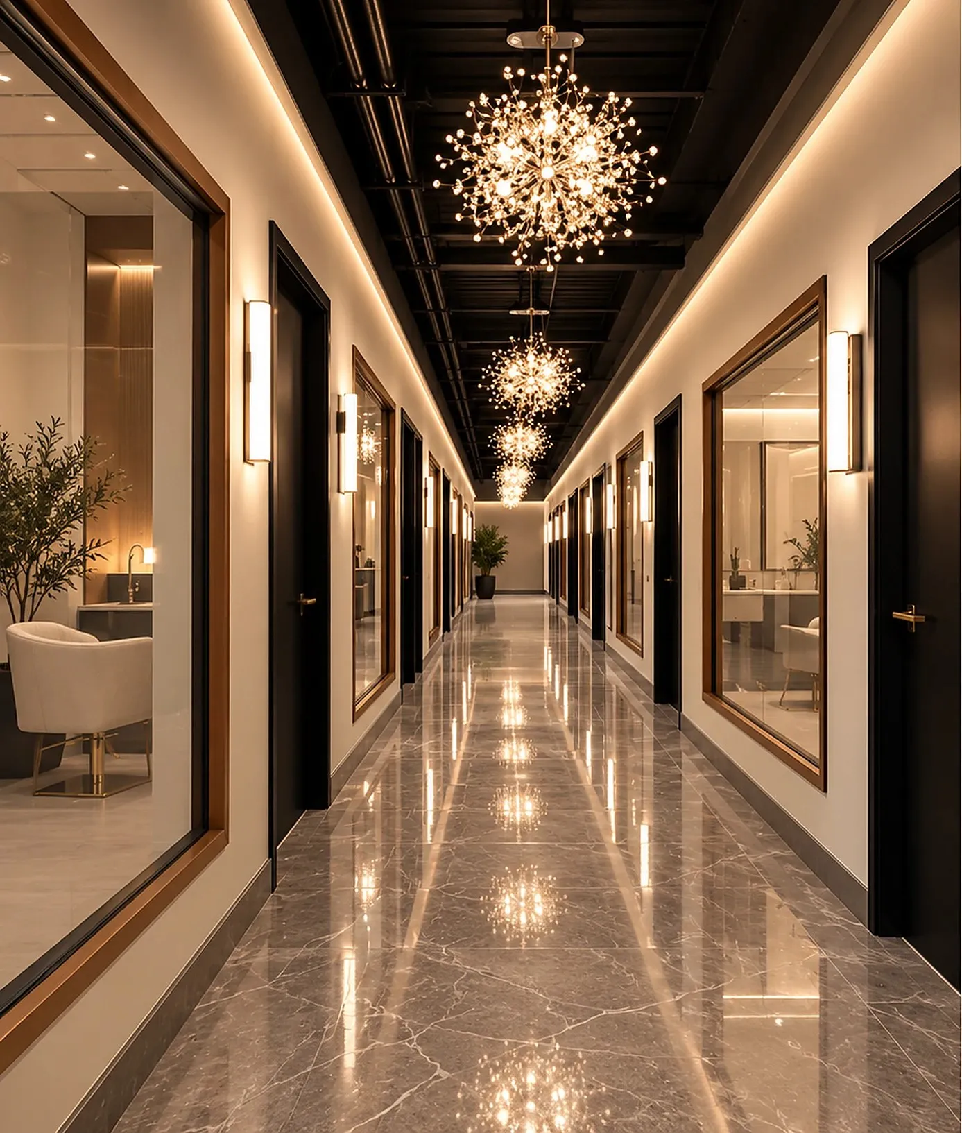 Rendering of the long salon corridor lined with suite doors and windows under sparkling chandeliers