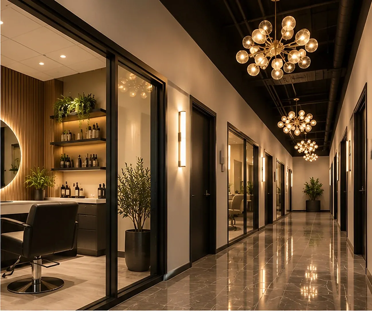 Rendering of the salon corridor: glass-fronted suites under globe chandeliers on polished stone floors