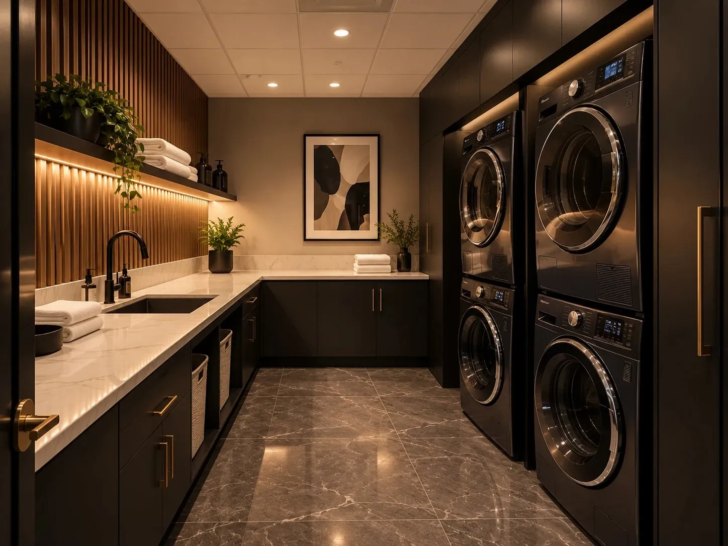Rendering of a laundry room with stacked washers and dryers, a folding counter and a utility sink