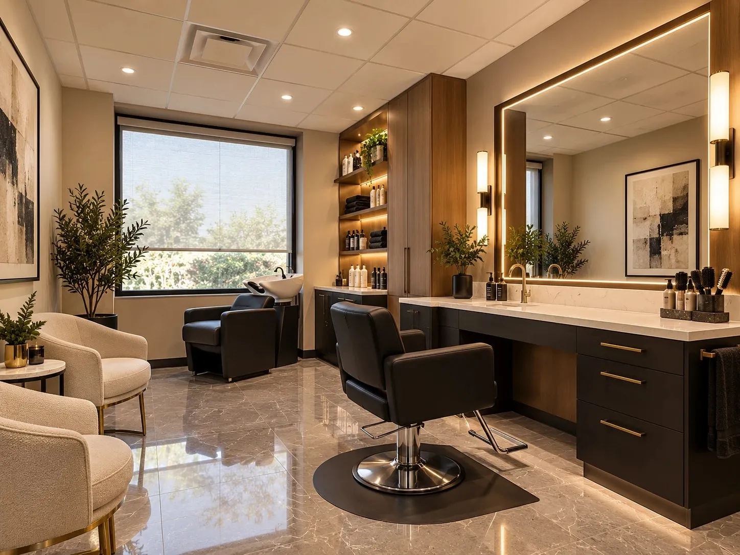 Rendering of a private salon suite with a styling chair, lit mirror, quartz vanity, shampoo bowl and client seating
