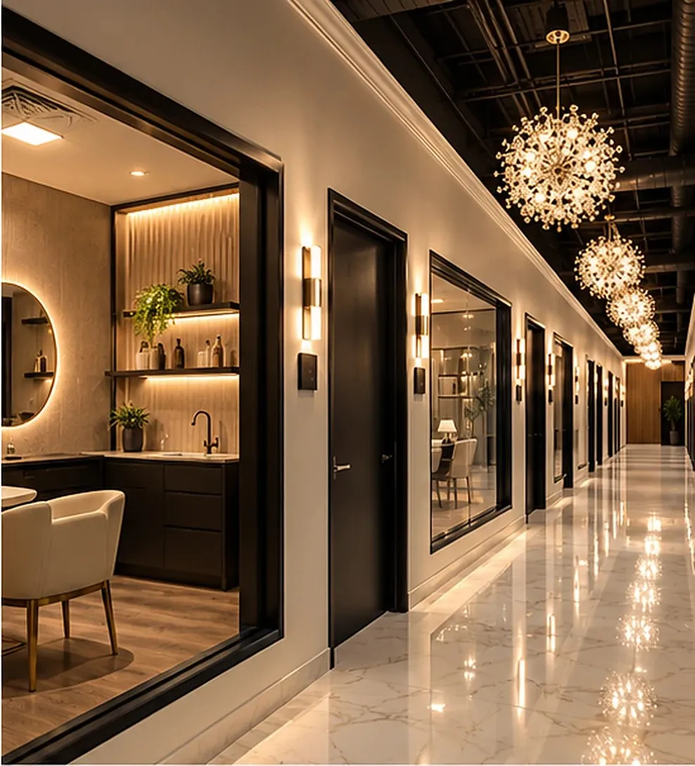 Rendering of a salon suite seen through its corridor window, with a round lit mirror and backlit shelving