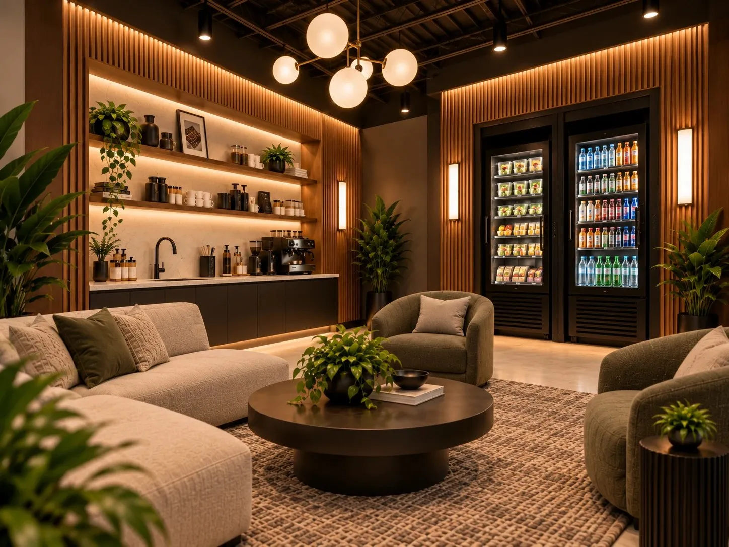 Rendering of the resident lounge kitchenette with a coffee station beside two lit vending coolers